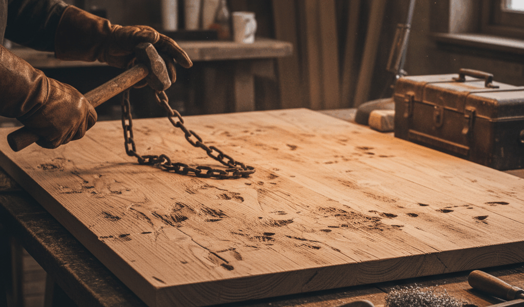 Craftsman distressing wood with chain and hammer