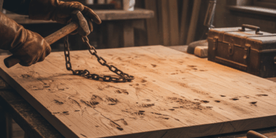 Craftsman distressing wood with chain and hammer