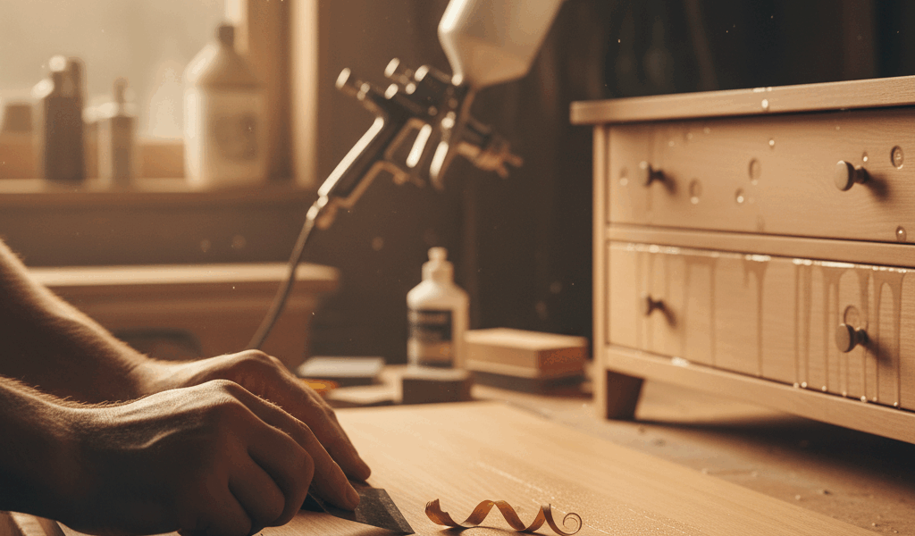 Craftsman repairing wood finish defects in workshop