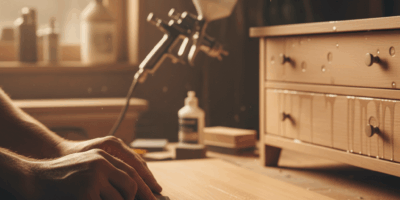 Craftsman repairing wood finish defects in workshop