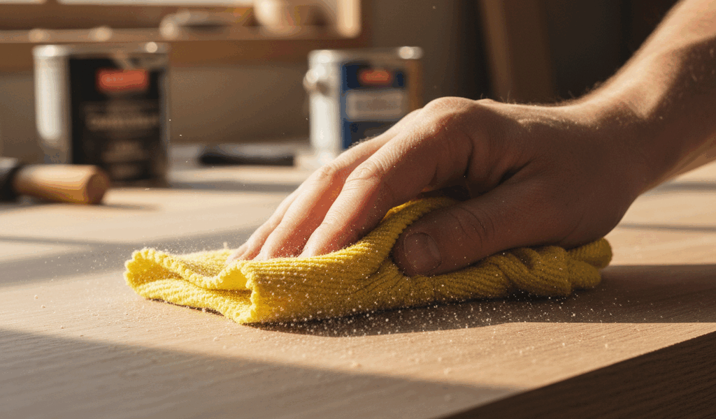 Wiping wood surface with tack cloth to remove dust