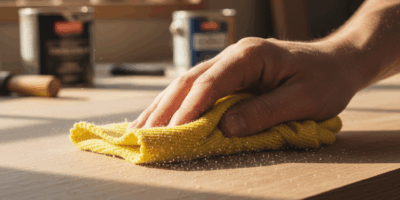 Wiping wood surface with tack cloth to remove dust