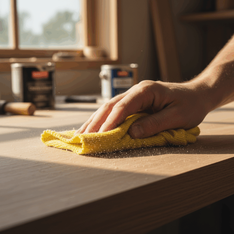 Wiping wood surface with tack cloth to remove dust