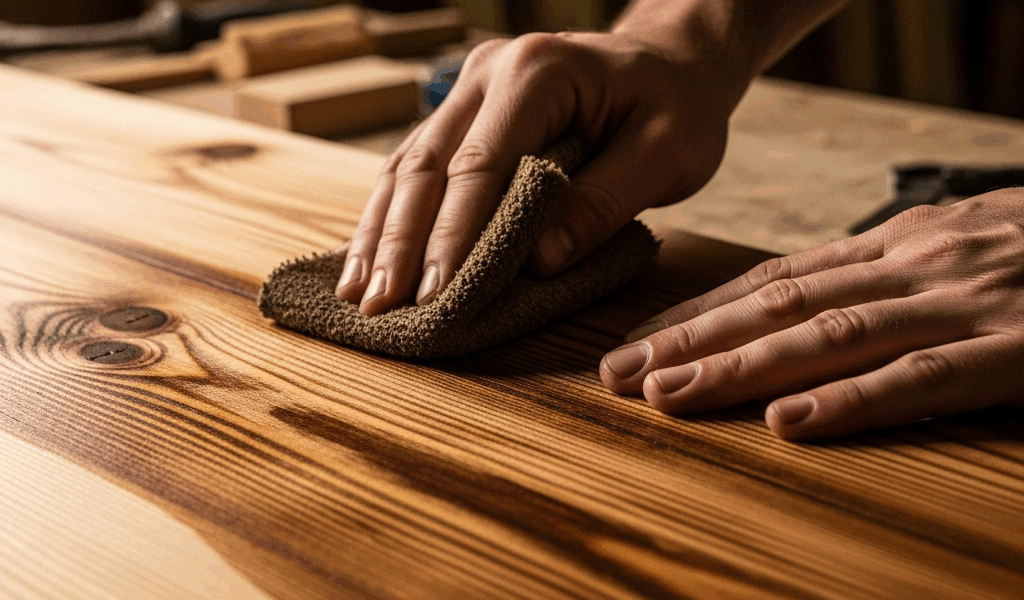 close up of hands applying wood stain to a pine furniture su 20260331 081737
