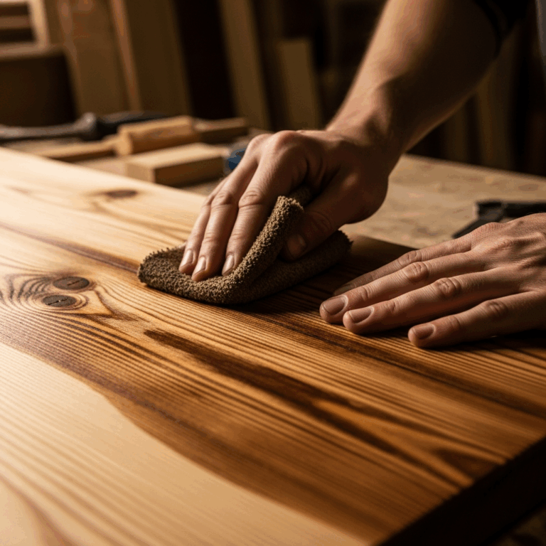 close up of hands applying wood stain to a pine furniture su 20260331 081737