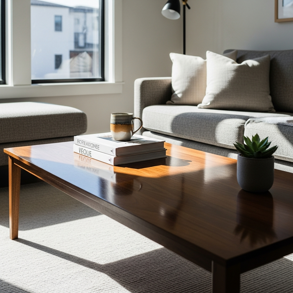 Durable polyurethane finish on a coffee table in a modern living room