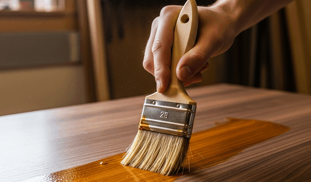 hand applying oil based polyurethane finish to a walnut coff 20260331 082218