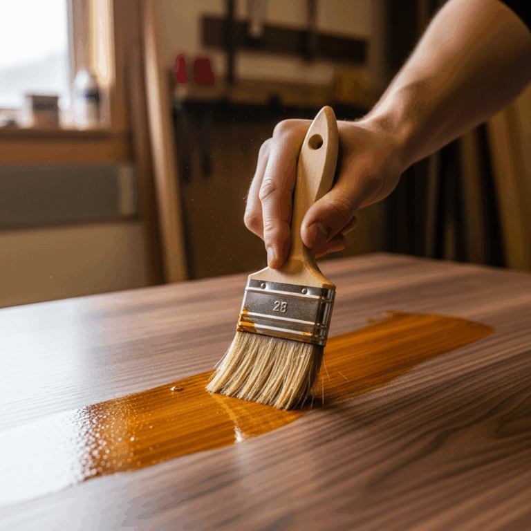 hand applying oil based polyurethane finish to a walnut coff 20260331 082218