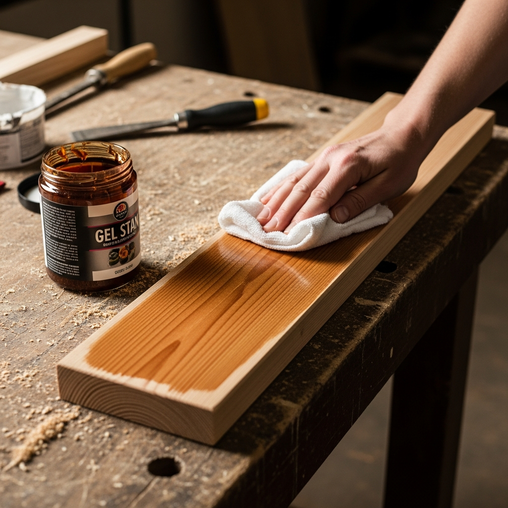 Applying gel stain to pine wood surface with cloth for even color without blotching