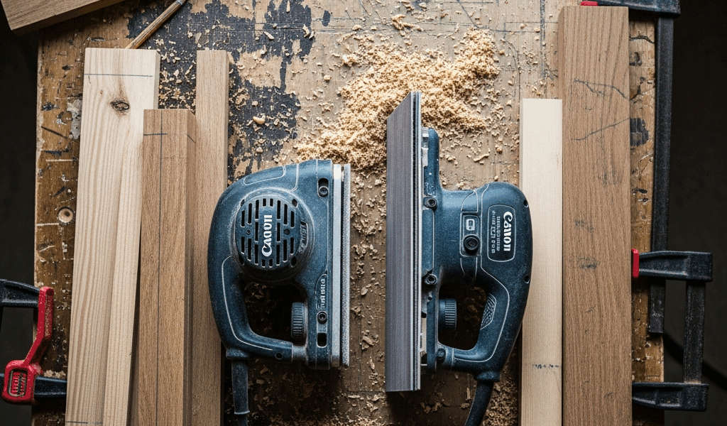 random orbital sander and sheet sander side by side on woodw 20260331 082151